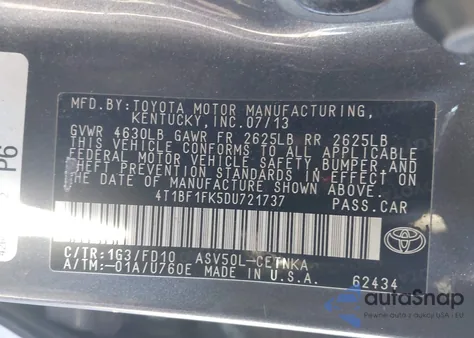 2013 Toyota Camry Le z USA, uszkodzony, nr VIN 4T1BF1FK5DU721737